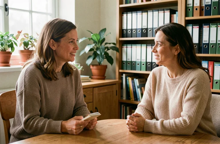Femme recevant un accompagnement personnalisé dans un bureau chaleureux d'un centre de femmes