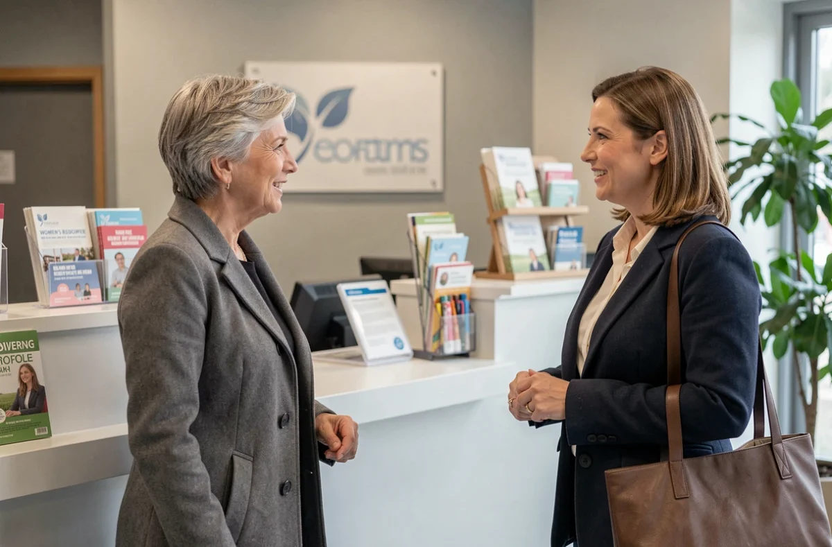 Femme s'informant à l'accueil d'un centre de ressources pour femmes auprès d'une conseillère