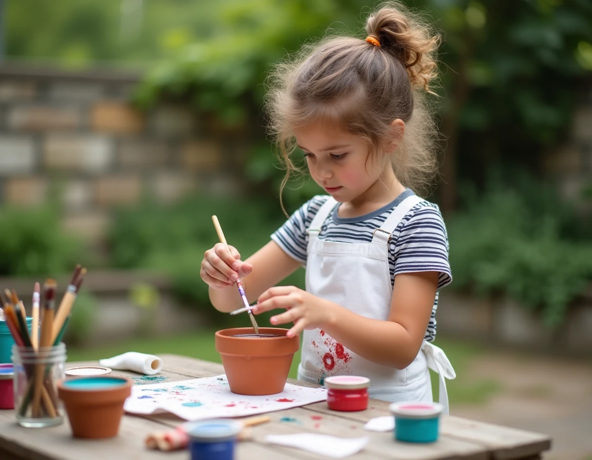 Jeune fille peignant un pot en terre cuite lors d'une activité créative dans le jardin