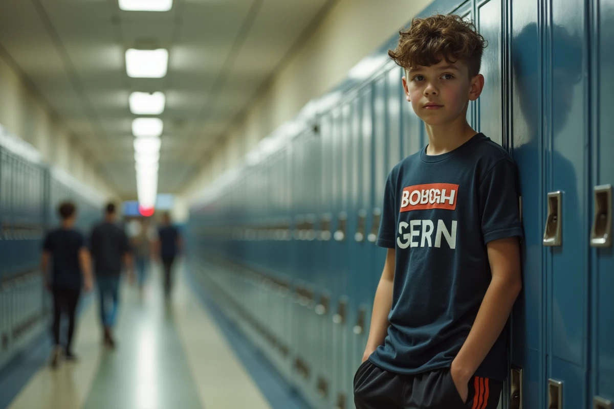 Adolescent stylé en tenue de marque tendance appuyé contre des casiers dans un couloir scolaire