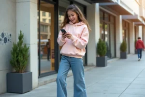 Adolescente souriante portant des vêtements tendance streetwear dans un quartier urbain moderne
