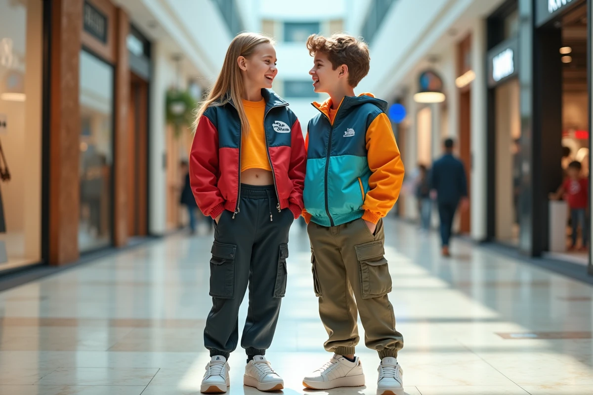 Deux adolescents portant des tenues de marques tendance dans un centre commercial moderne