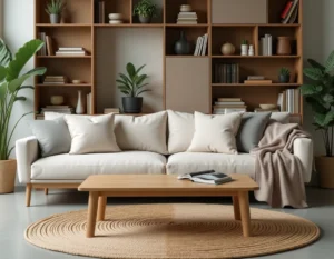 Salon moderne aménagé avec des équipements tendance : canapé en lin, table basse en chêne et tapis en jute sur sol en béton ciré