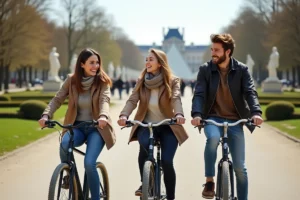 Groupe d'amis en vélo dans le jardin des Tuileries