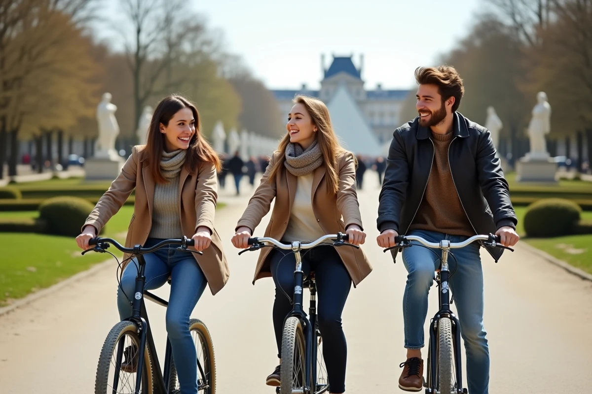 Groupe d'amis en vélo dans le jardin des Tuileries