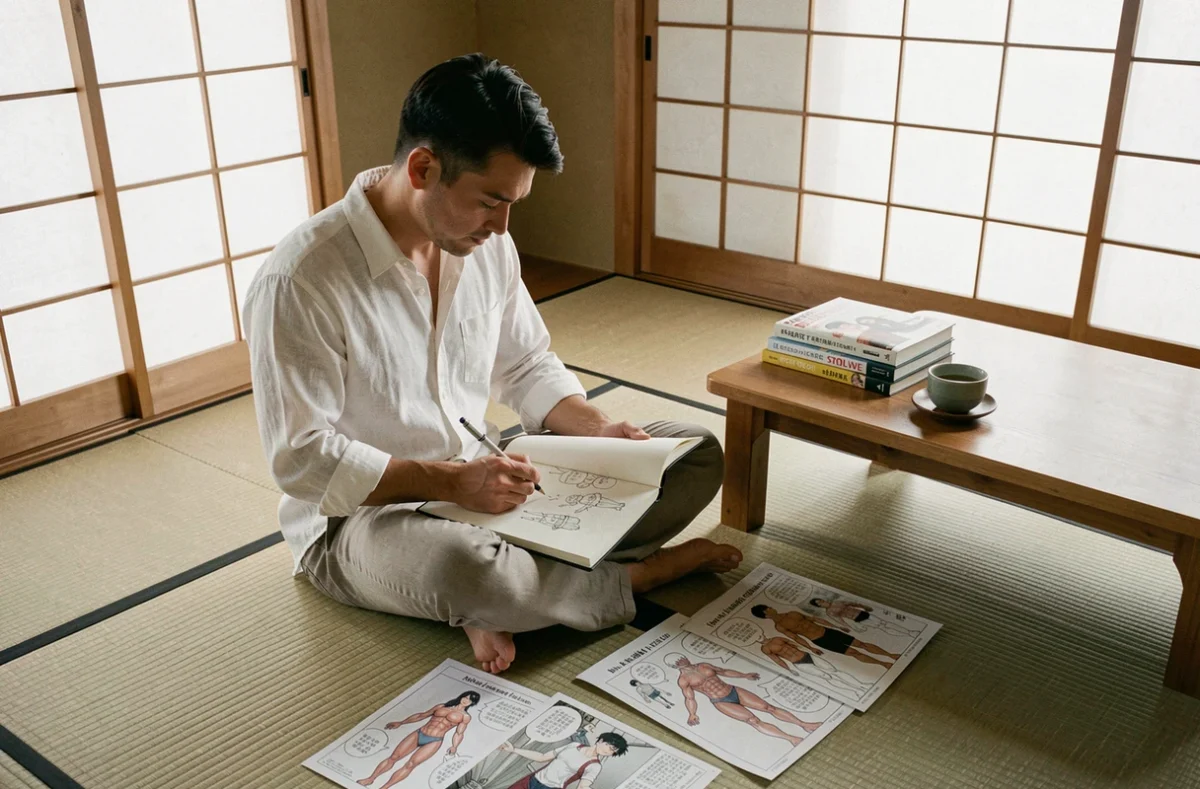 Aspirant mangaka dessinant des personnages manga dans une pièce traditionnelle japonaise avec tatami