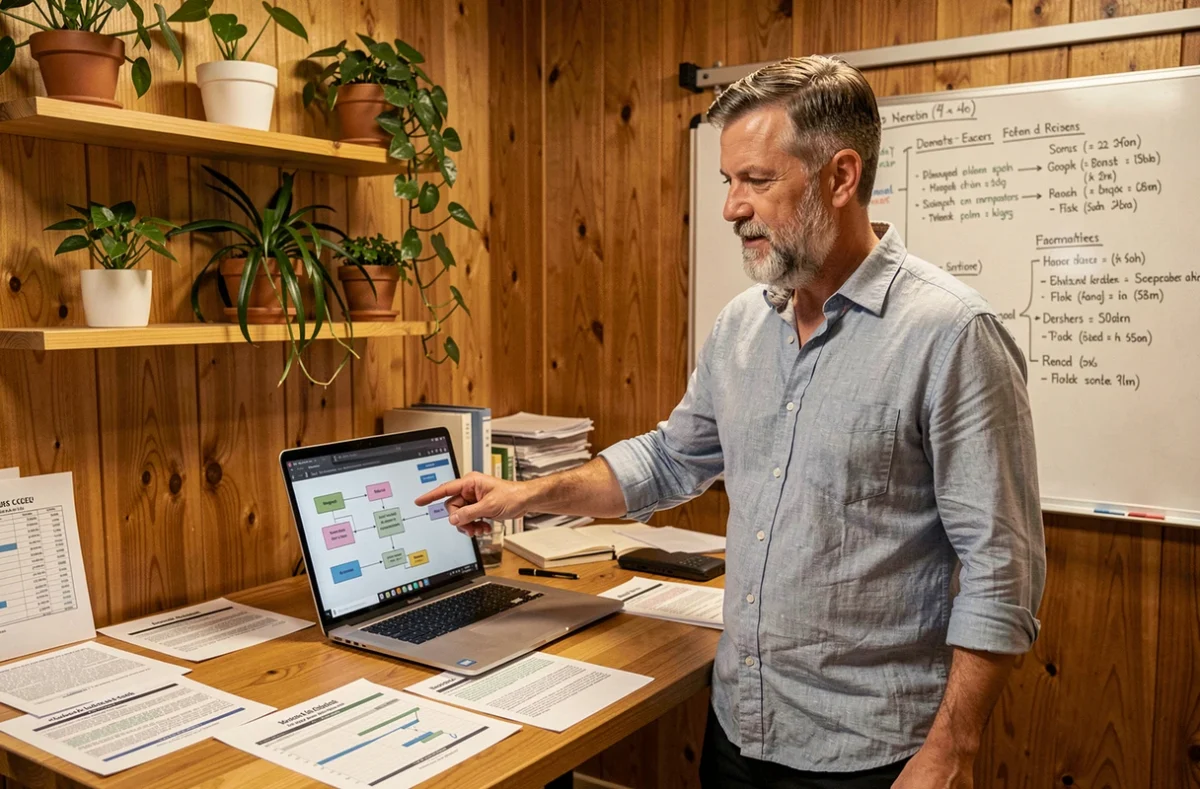 Entrepreneur debout devant son bureau avec un schéma de base de données relationnelle affiché sur son ordinateur portable