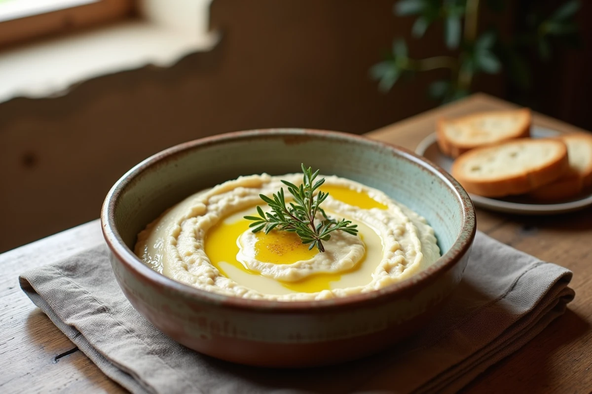 Bol de brandade nîmoise maison avec huile d'olive et thym frais sur une table en chêne rustique