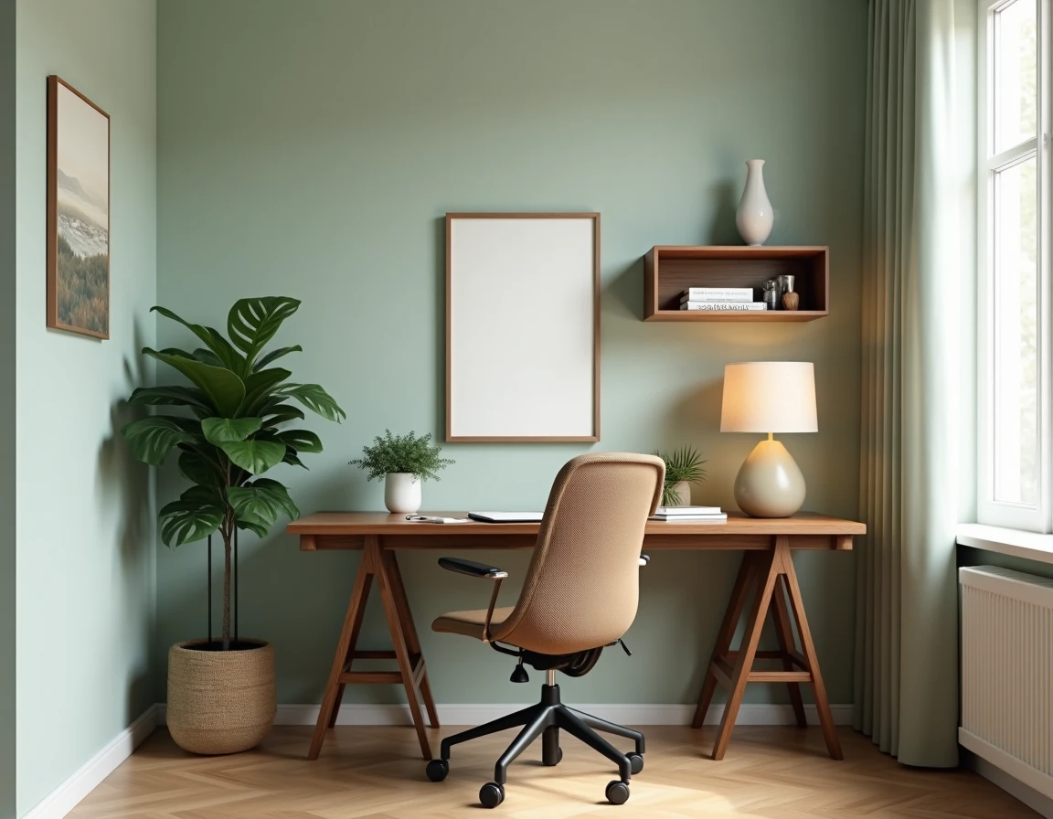 Bureau à domicile aménagé avec un bureau en noyer, une chaise ergonomique et une plante monstera sur fond de mur en plâtre vert sauge