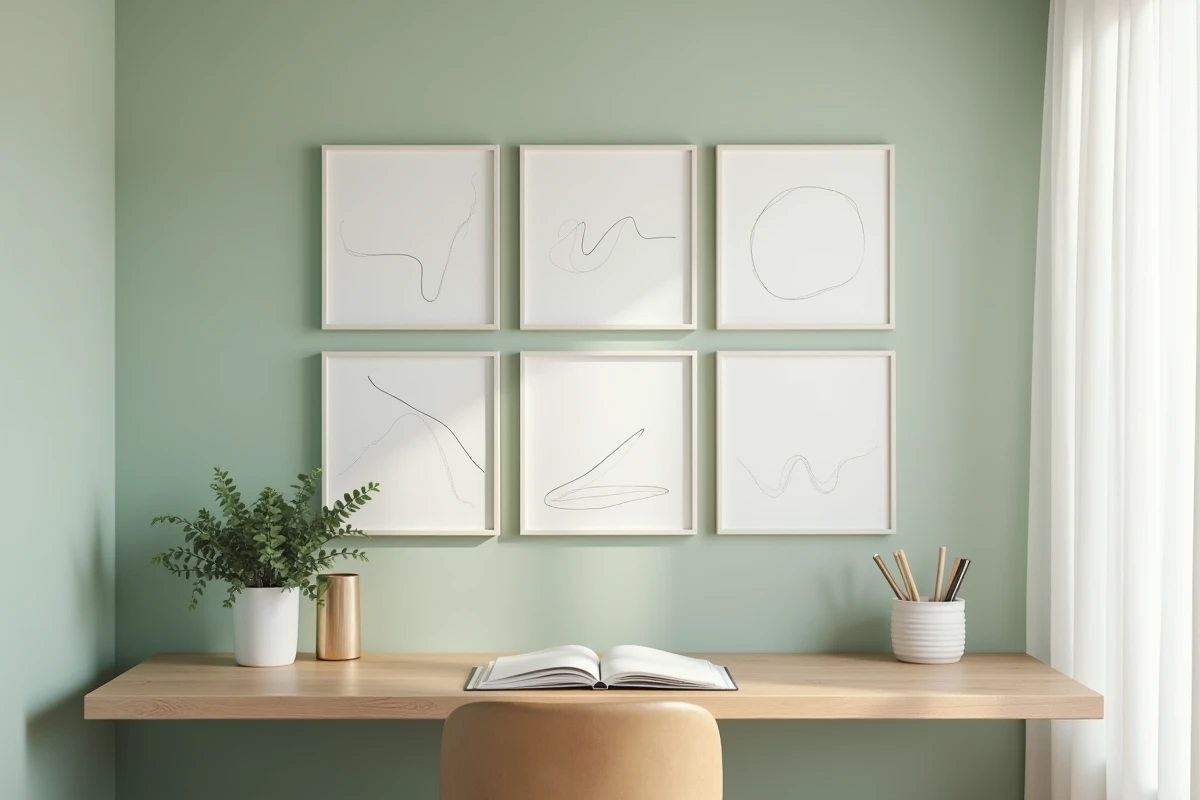 Cinq cadres blancs identiques en croix sur un mur vert sauge dans un bureau à domicile décoré avec soin