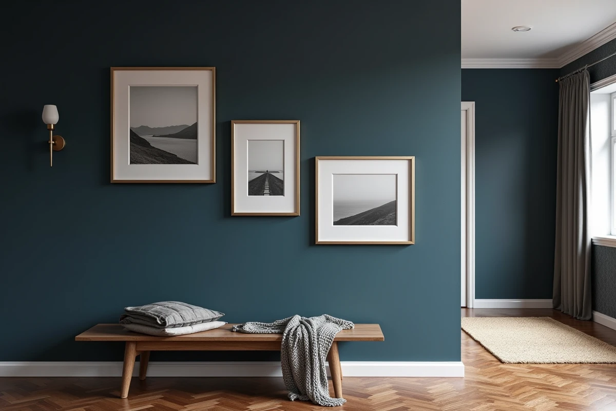 Cinq cadres dorés identiques en escalier diagonal sur un mur bleu marine dans un couloir de maison élégant