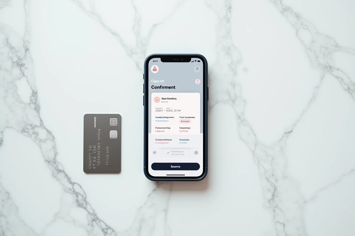 Carte bancaire et smartphone affichant une confirmation de paiement Airbnb sur un comptoir en marbre blanc