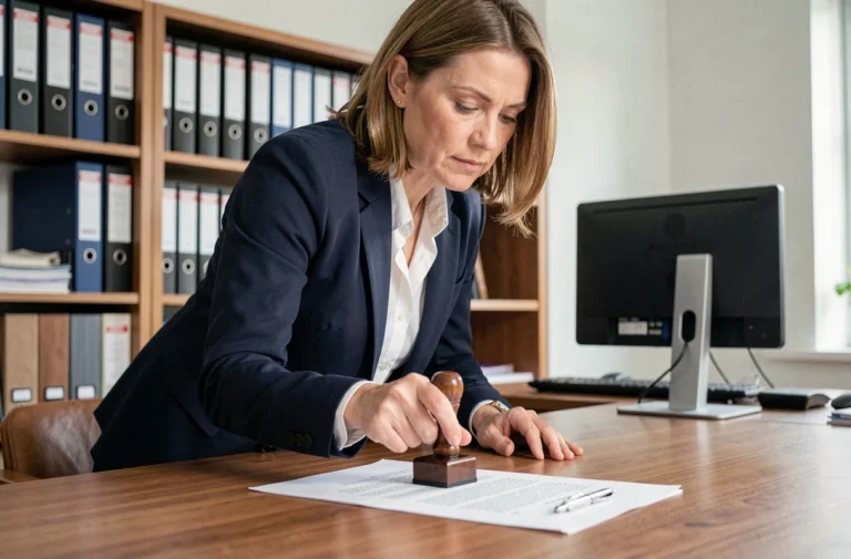 Femme professionnelle tamponnant un document officiel pour le certifier conforme dans un bureau administratif