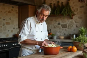 Chef cuisinier préparant une brandade nîmoise traditionnelle dans une cocotte en terre cuite dans une cuisine provençale