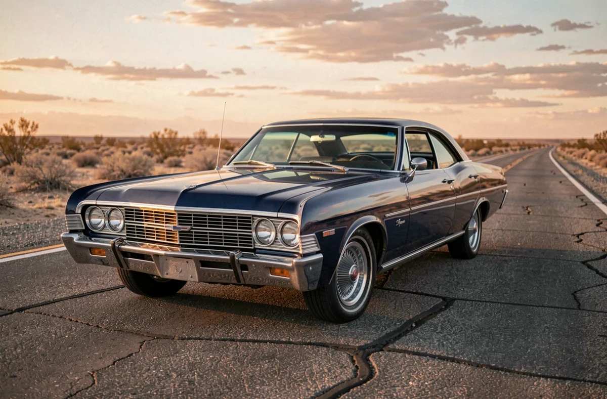 Chevrolet Impala 1967 bleu nuit garée sur une route désertique américaine, vue trois quarts avant avec chromes étincelants