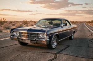 Chevrolet Impala 1967 bleu nuit garée sur une route désertique américaine, vue trois quarts avant avec chromes étincelants