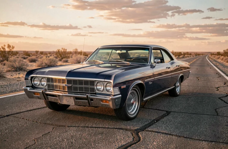 Chevrolet Impala 1967 bleu nuit garée sur une route désertique américaine, vue trois quarts avant avec chromes étincelants