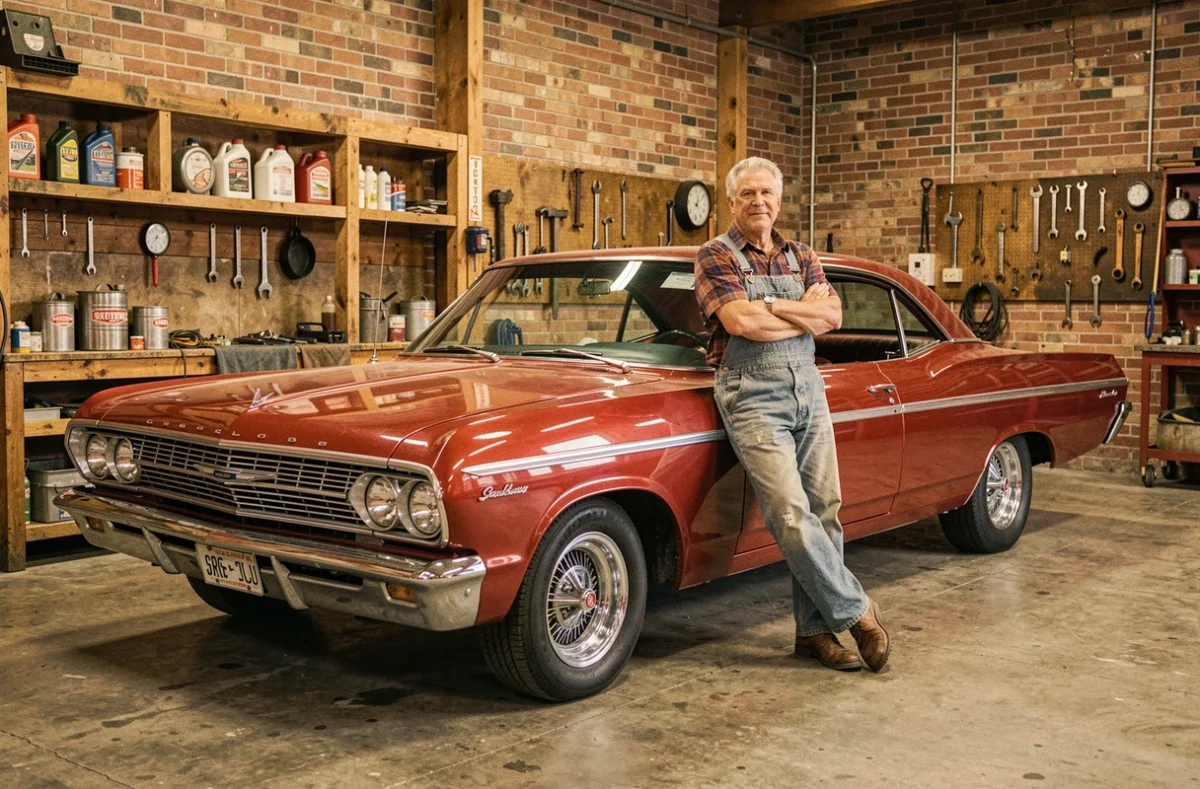 Chevrolet Impala SS 1964 rouge cerise dans un garage américain vintage avec un mécanicien en salopette en jean