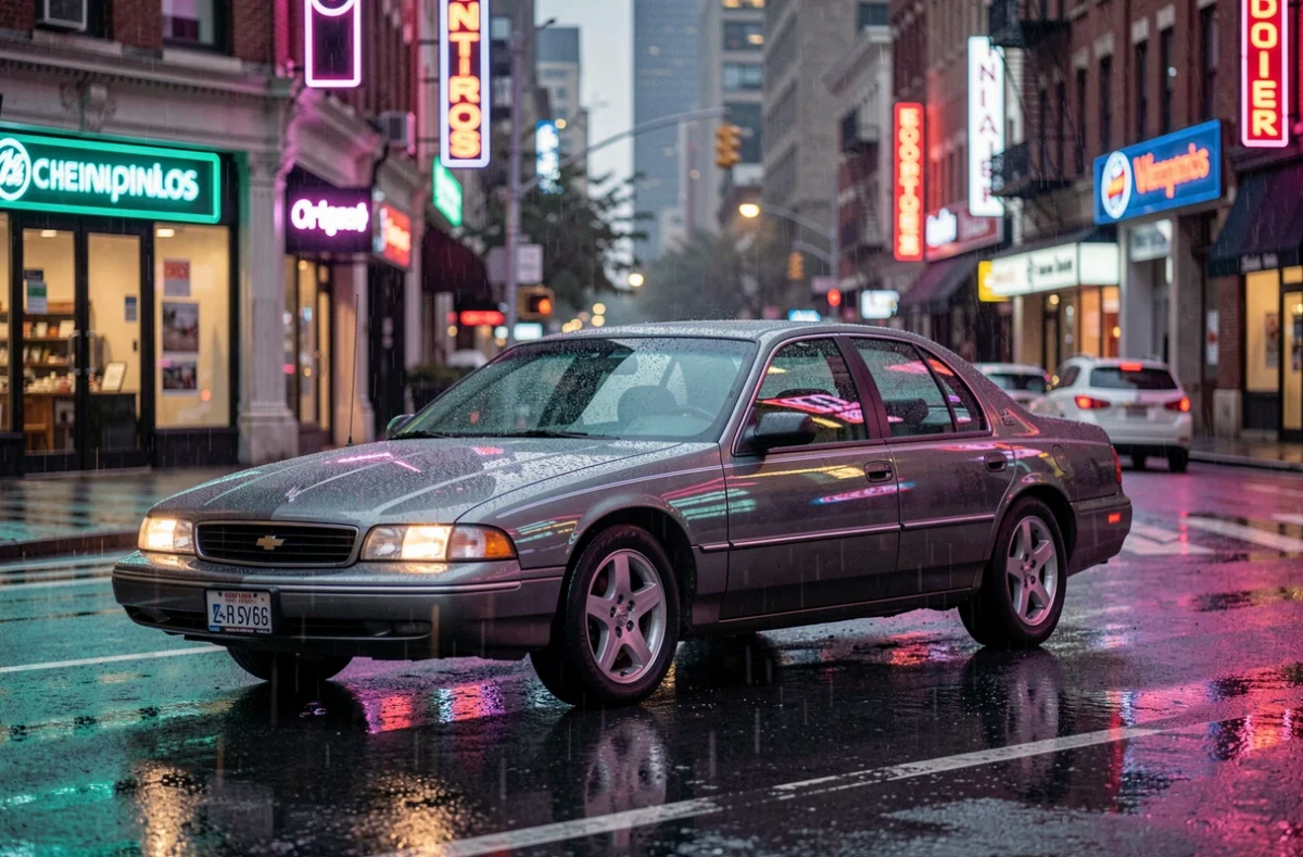 Chevrolet Impala SS 1996 gris graphite roulant sur une rue urbaine mouillée de Chicago au crépuscule, reflets néon sur la carrosserie