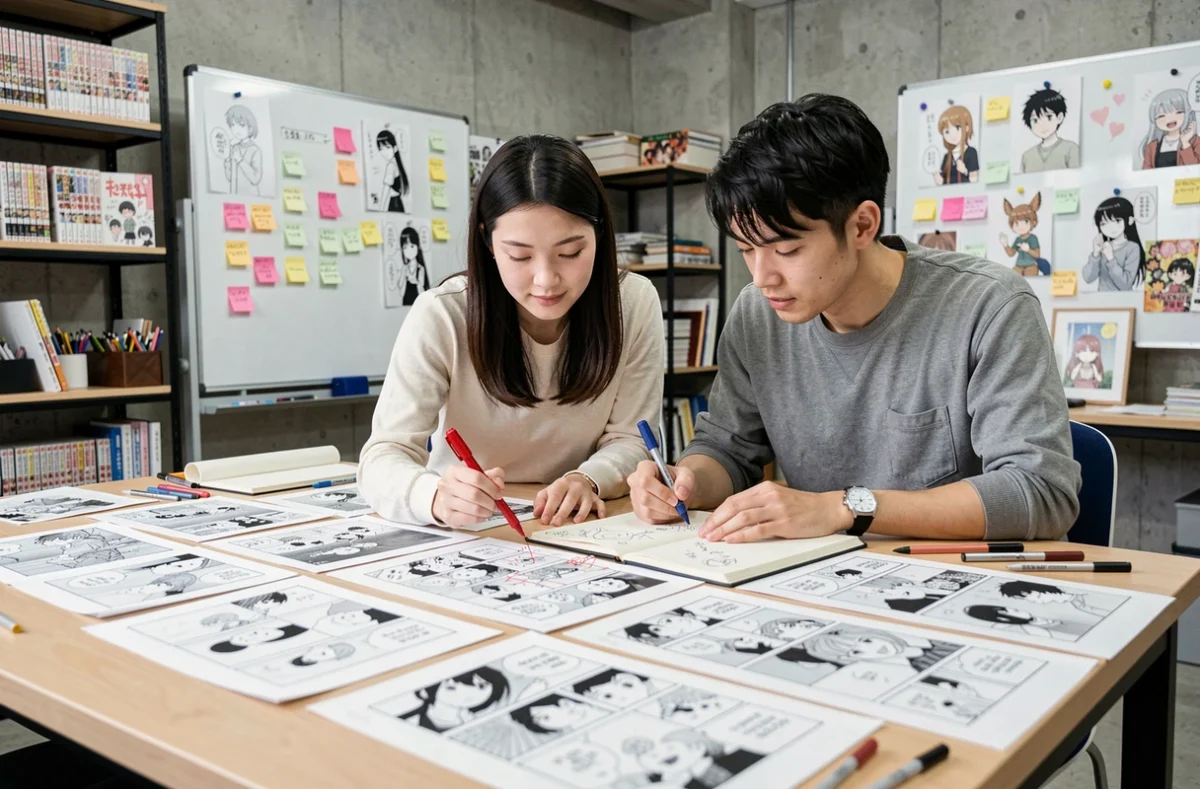 Deux mangakas collaborant sur un storyboard manga dans un studio créatif moderne