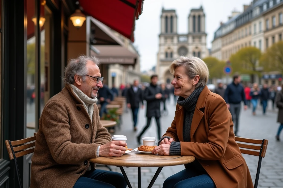Couple assis au café parisien dégustant café et pâtisseries
