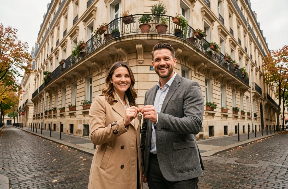 Un couple heureux devant un immeuble haussmannien tenant les clés de leur investissement immobilier