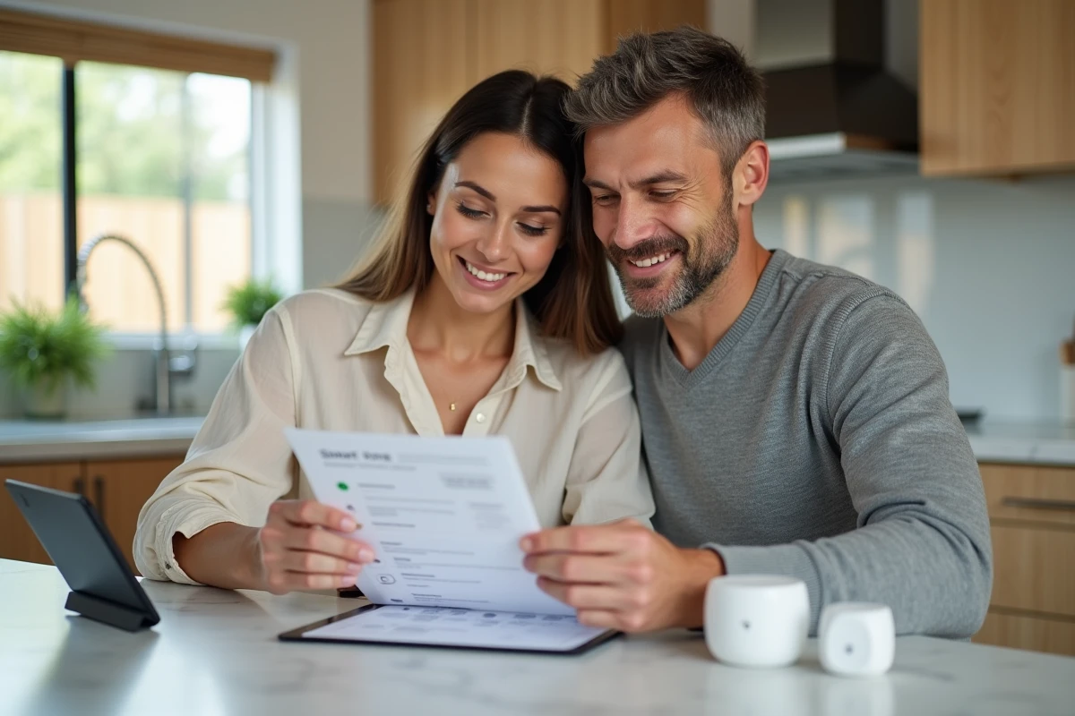 Couple consultant une liste de contrôle de sécurité domestique avec des capteurs connectés et une application sur tablette