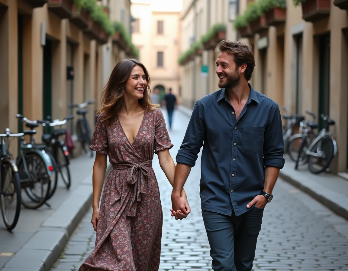 Couple amoureux se promenant main dans la main dans une rue pavée européenne, évoquant les projets de vie commune en 2026