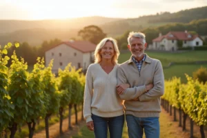 Couple souriant dans un vignoble en France