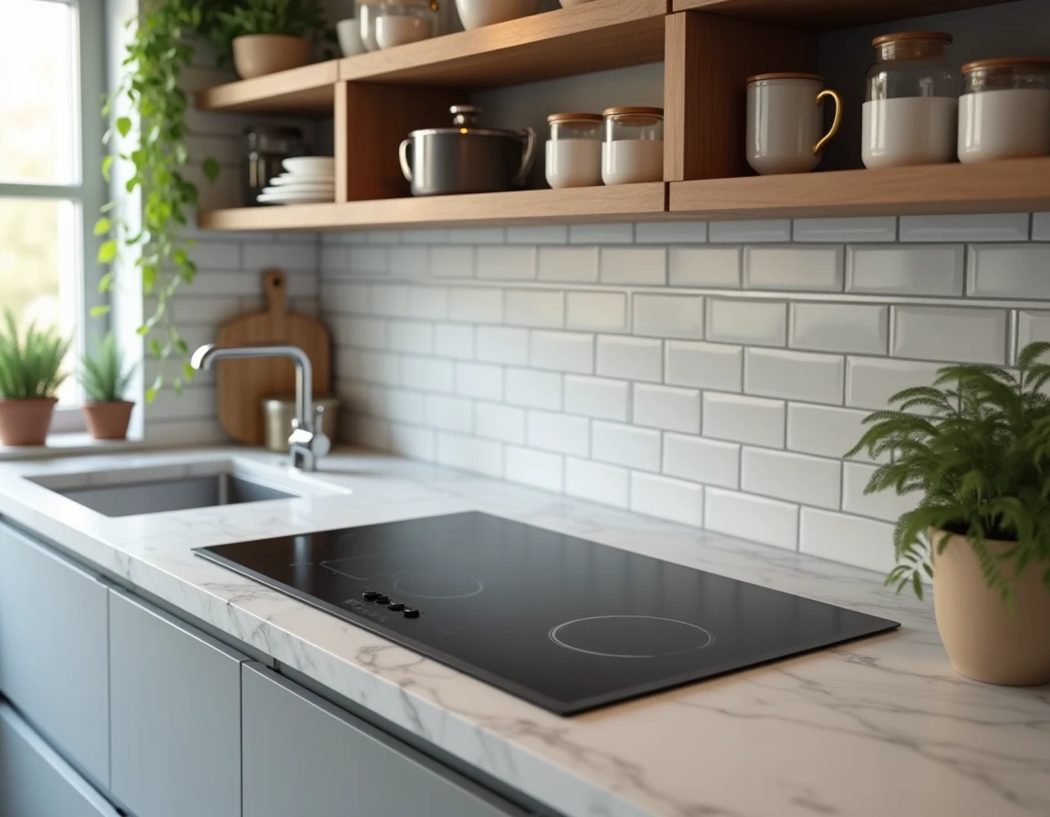 Cuisine contemporaine équipée avec plan de travail en quartz, plaque induction noire et étagères en bois avec vaisselle en céramique