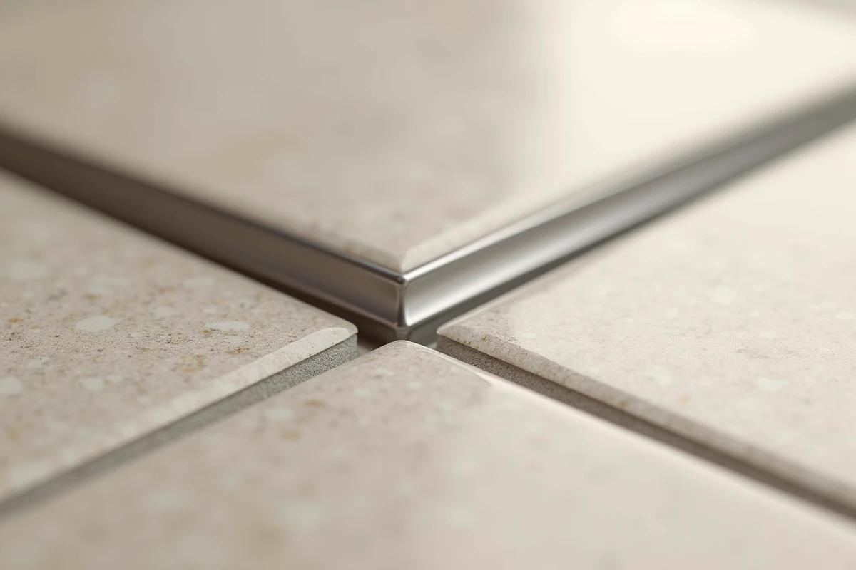 Gros plan sur une baguette d'angle sortant en inox installée à la jonction de deux murs en carrelage beige