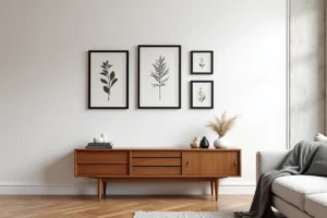 Cinq cadres identiques noirs disposés en rangée horizontale sur un mur blanc au-dessus d'une console en bois dans un salon minimaliste