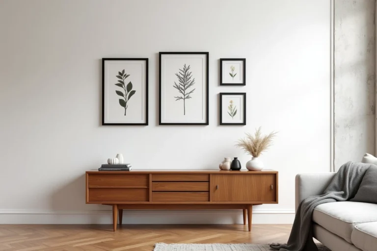 Cinq cadres identiques noirs disposés en rangée horizontale sur un mur blanc au-dessus d'une console en bois dans un salon minimaliste