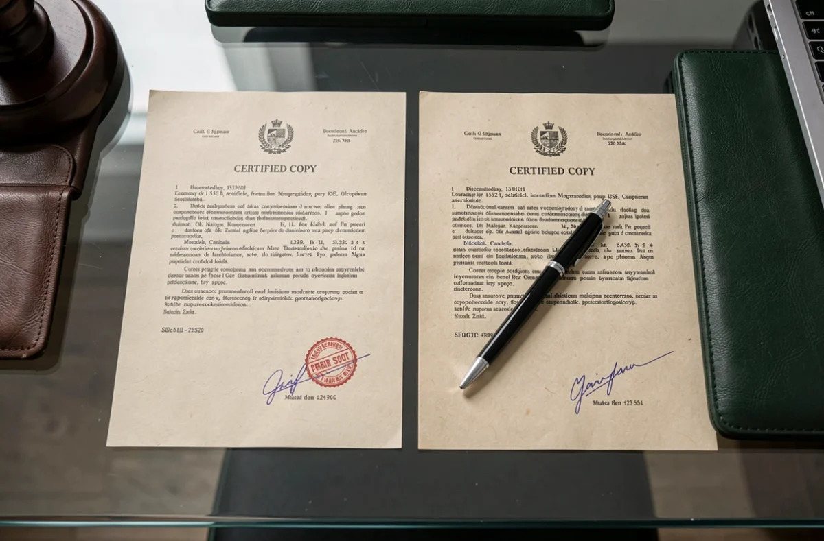 Vue de dessus d'un document original et de sa copie certifiée conforme avec tampon et stylo sur un bureau de bureau juridique