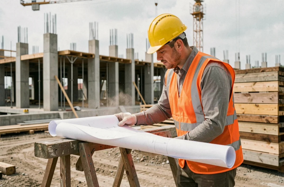 Ouvrier sur un chantier de construction consultant un plan architectural, symbolisant les offres d'emploi dans le secteur du BTP en France en 2024