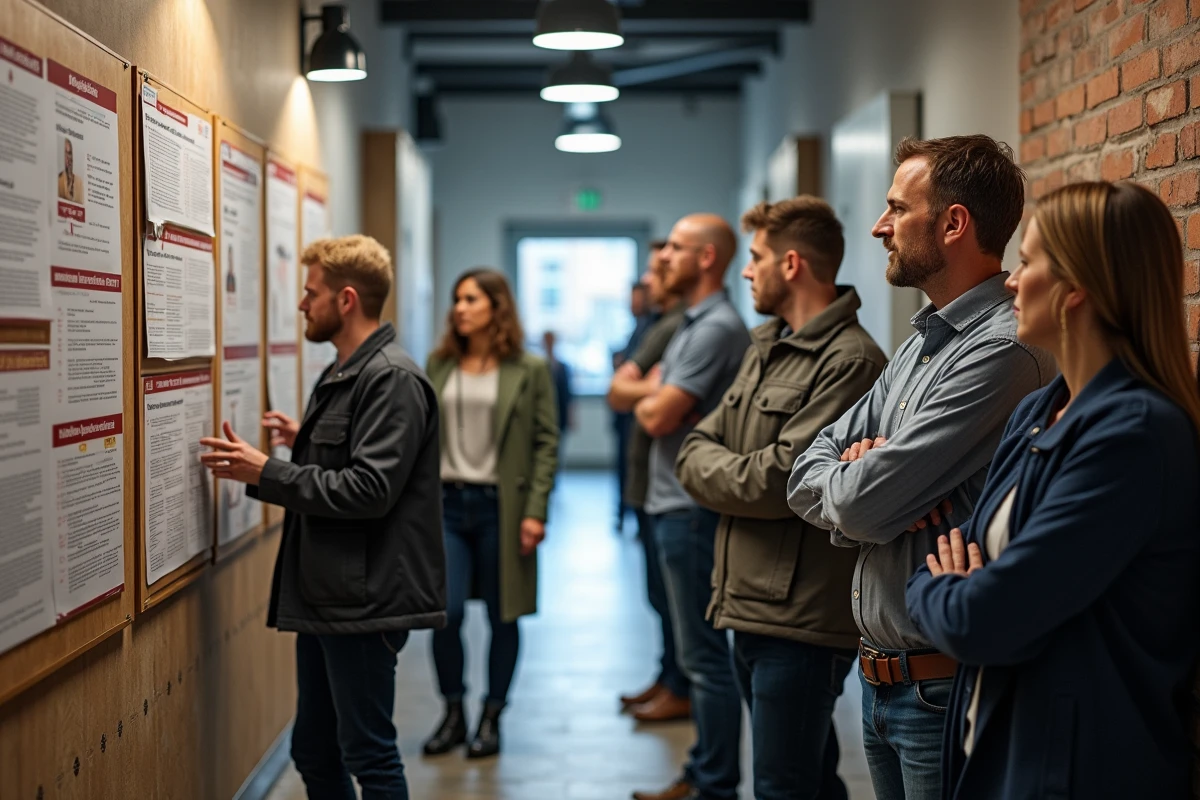 Employes discutant devant un tableau d affiches dans un couloir
