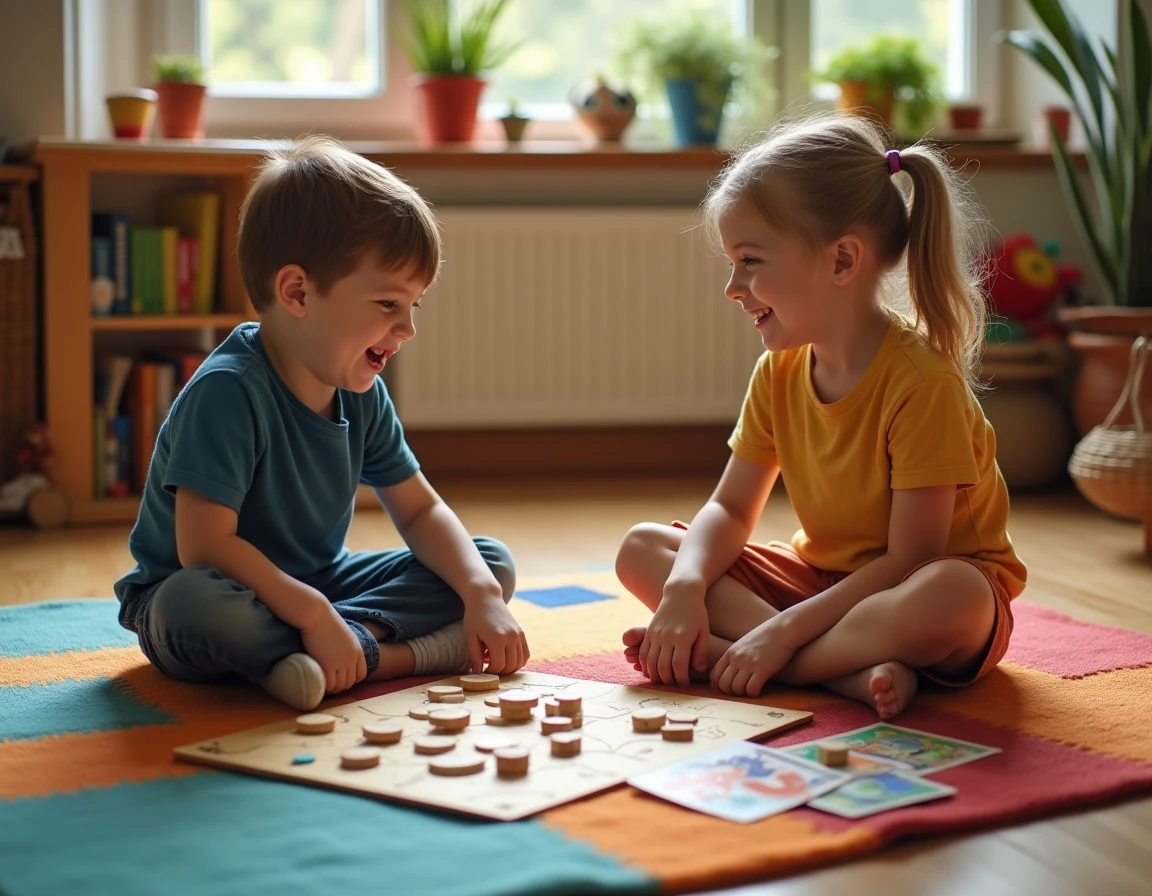 Deux enfants jouant à un jeu de société sur un tapis coloré dans un salon chaleureux