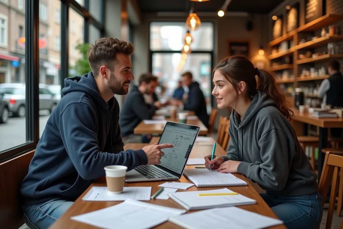 Deux étudiants collaborant sur des notions d'informatique avec un ordinateur portable dans un café universitaire animé