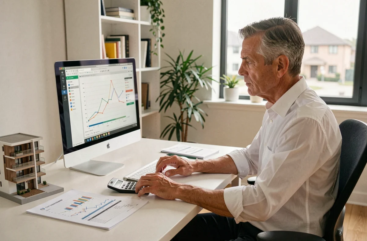 Un expert en investissement immobilier analysant des données financières et un modèle architectural dans son bureau