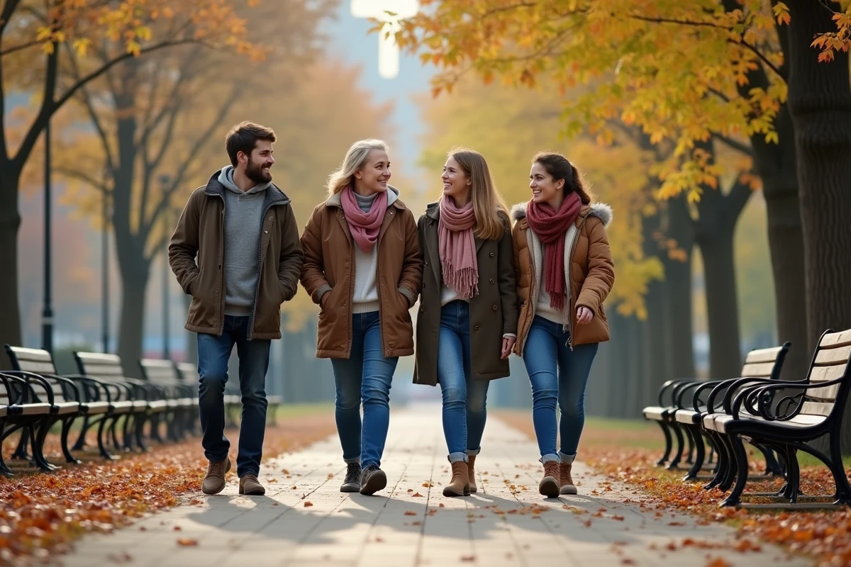 Famille se promenant dans un parc urbain en été