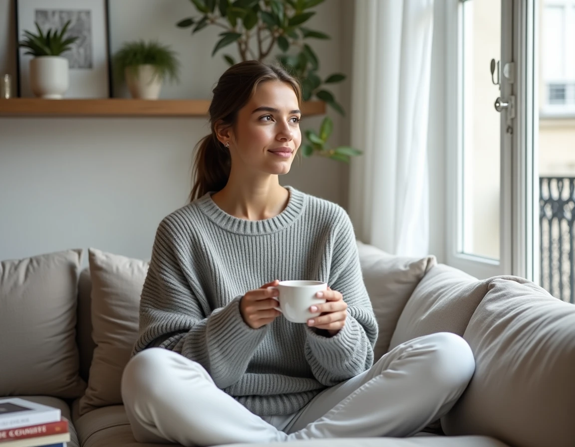 Jeune femme pensive dans un appartement parisien tenant une tasse de thé, symbolisant la réflexion sur la vie amoureuse et les projets de couple