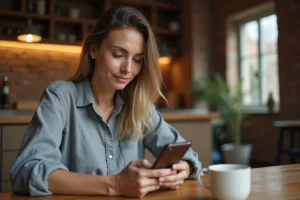 Femme consultant l'application Airbnb sur son smartphone pour gérer une réservation et vérifier le paiement