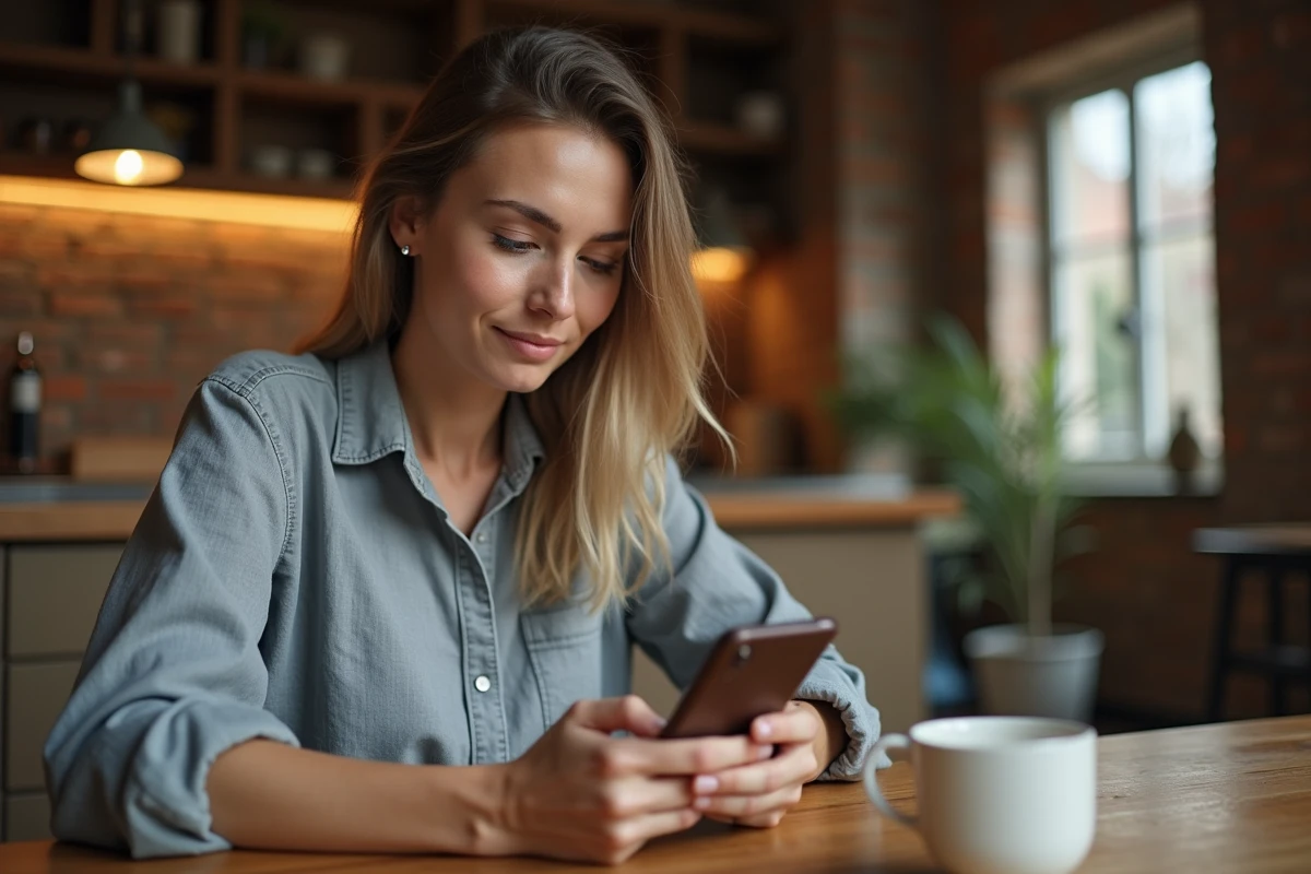 Femme consultant l'application Airbnb sur son smartphone pour gérer une réservation et vérifier le paiement