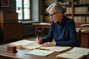 Femme d'environ 55 ans dans une salle d archives en ville