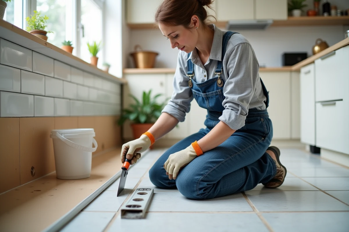 Femme bricoleur préparant la pose d'une baguette d'angle sortant sur un mur de cuisine en cours de carrelage