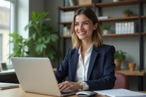 Femme en blazer blanc travaillant sur un ordinateur dans un bureau moderne