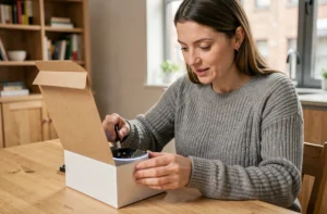 Femme déballant un appareil connecté pour la maison, illustrant l'accessibilité des innovations high tech au grand public