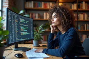 Femme développeuse informatique lisant du code sur un grand écran courbe dans un bureau moderne avec des livres techniques