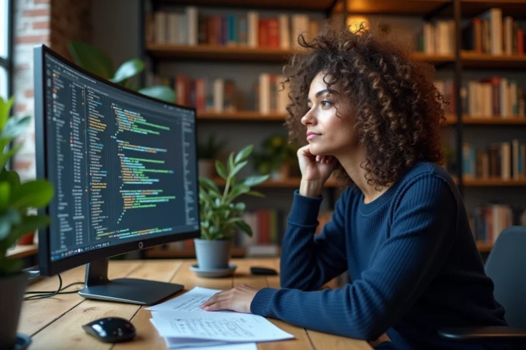 Femme développeuse informatique lisant du code sur un grand écran courbe dans un bureau moderne avec des livres techniques