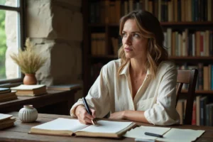 Femme écrivaine passionnée écrivant de la poésie dans un carnet à la plume dans un bureau en pierre chaleureux et littéraire